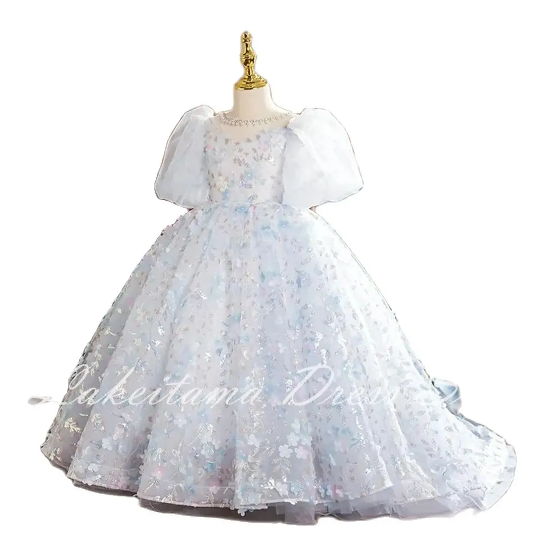 Vestidos de flores para niña, apliques de tul esponjoso blanco, encaje de boda, vestido de fiesta de cumpleaños de primera comunión, regalo para niña