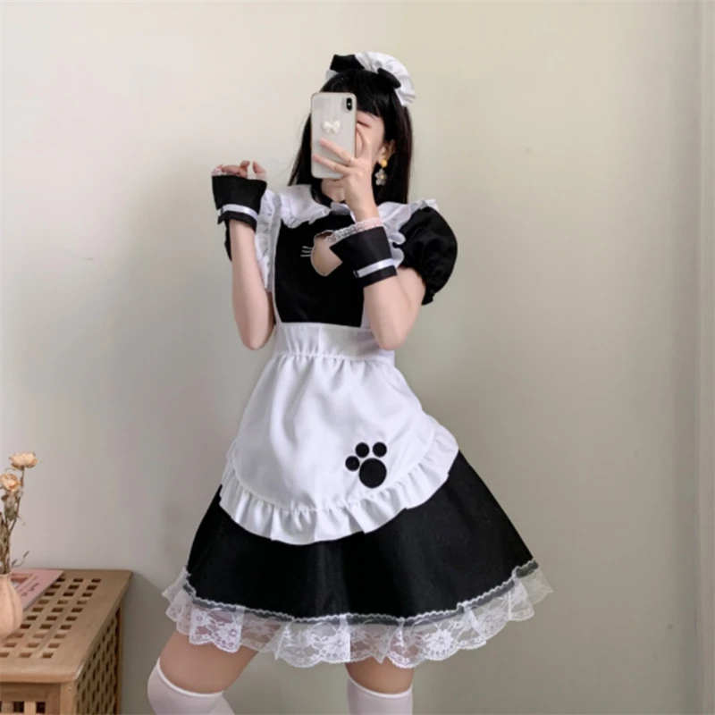 ロリータ-女性のためのコスプレ衣装,アニメの衣装,黒と白,人形の襟,半袖,クラシックなミニドレス,婦人服,ドレス