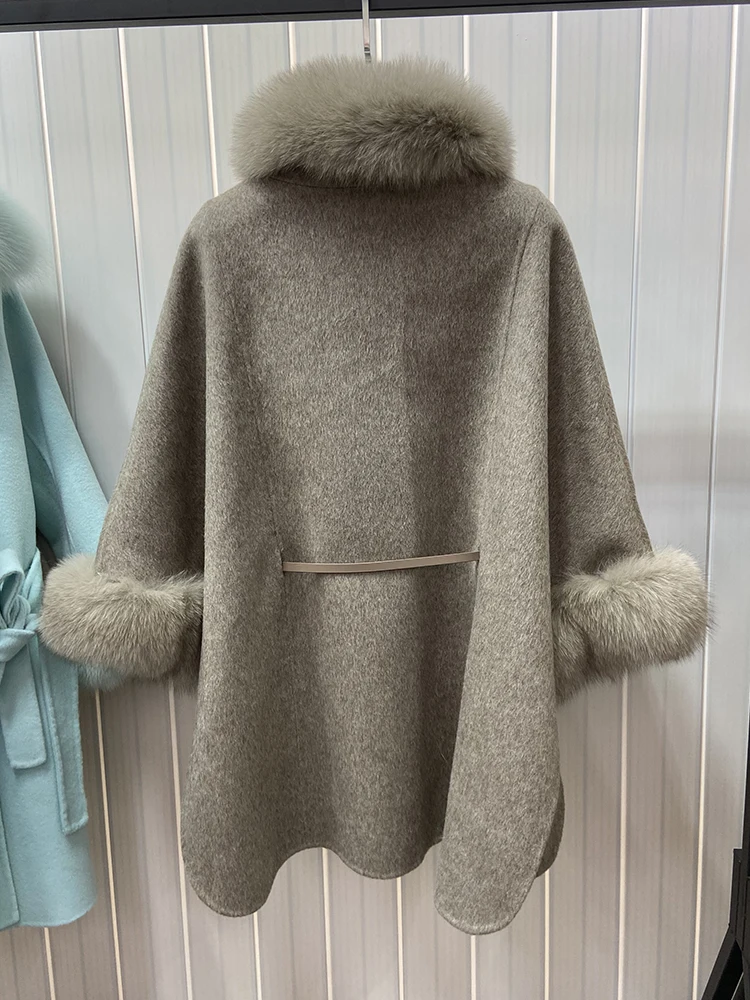 2025 Korea Style Hot Sale Spring Girl's Hand Make Loose Women Lady Autumn Coffee Woolen Cape Real Fox Fur Cloak Coat