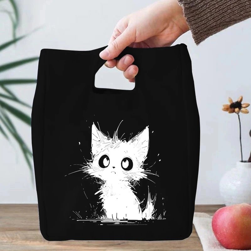 Funny Anime Cat Series Lunch Bag for Women Canvas Thermal Cooler Insulated Lunch Box Pouch Cartoon Kitten School Kids Lunch Bags