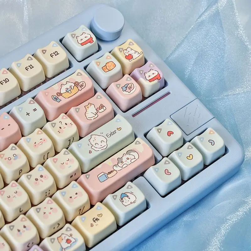 Cute Cat Keycaps 128 Keys Set PBT Dye Cute BOX Gift Keyboard Cap MAO Profile Customization Key Cap for Mechanical Keyboard
