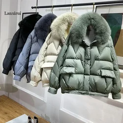 Novas mulheres 90 inverno para baixo jaqueta mulher curto coreano puffer casaco grosso quente feminino real gola de pele de raposa para baixo jaquetas