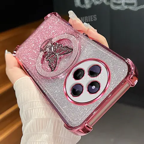 Redmi14c Glitter Butterfly Holder Plating Silicone Case For Xiaomi Redmi 14c 13c 12c 12 13 4g 5g 10c Shockproof Cover Poco C75