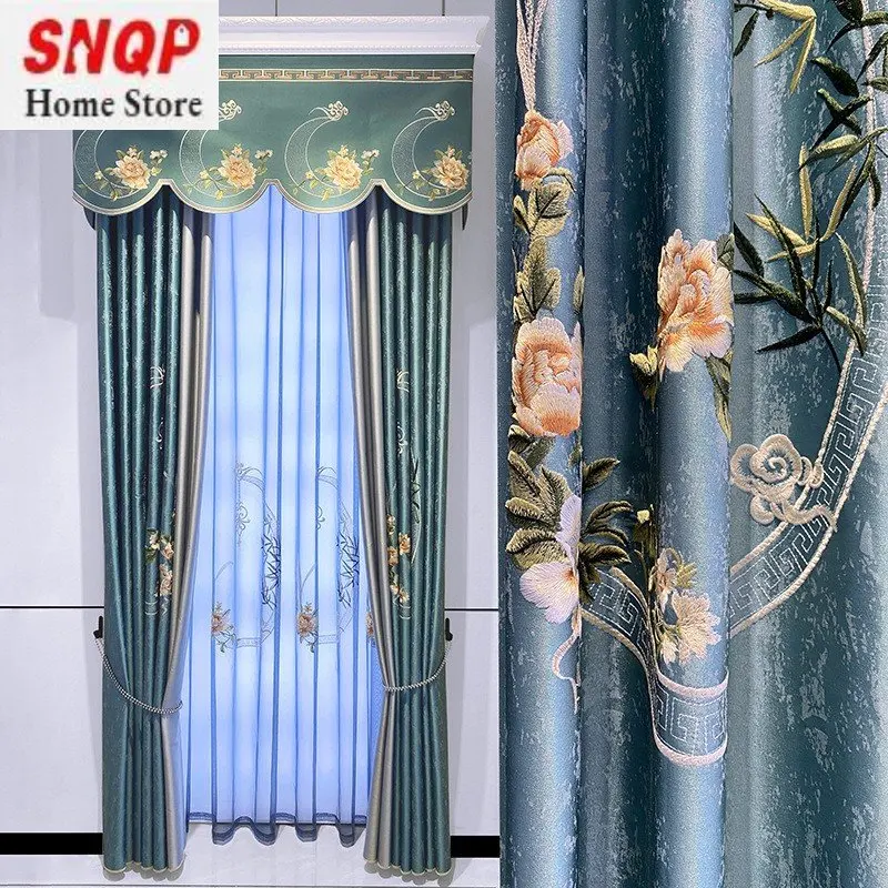 

New Chinese Curtains Living Room Dining Room Bedroom Balcony High Precision Seamless Splicing Blackout Curtain Luxury Embroidery