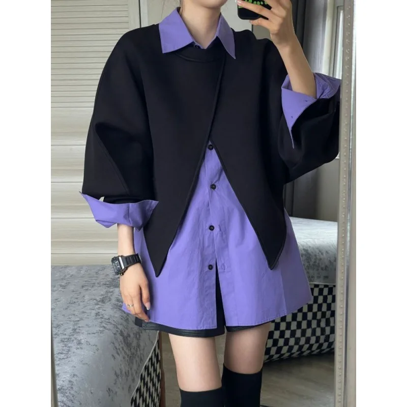 Fashion Dressing Niche Split Long Sleeve Hoodie with Shawl and Small Fresh Fashionable Solid Color Shirt Two Piece Set