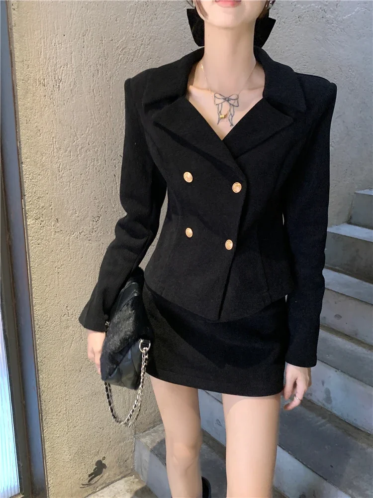 

UNXX Winter Oversized Plush Long Sleeves Blazer Half Skirt Sets Retro Solid Lapel Woolen Jacket Half Skirt Two-piece Set Women's