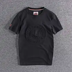2025 Summer New American Retro Short Sleeve 3D Letter Embossed T-shirt Men's Fashion 100% Cotton Washed Youth Casual Sport Tops