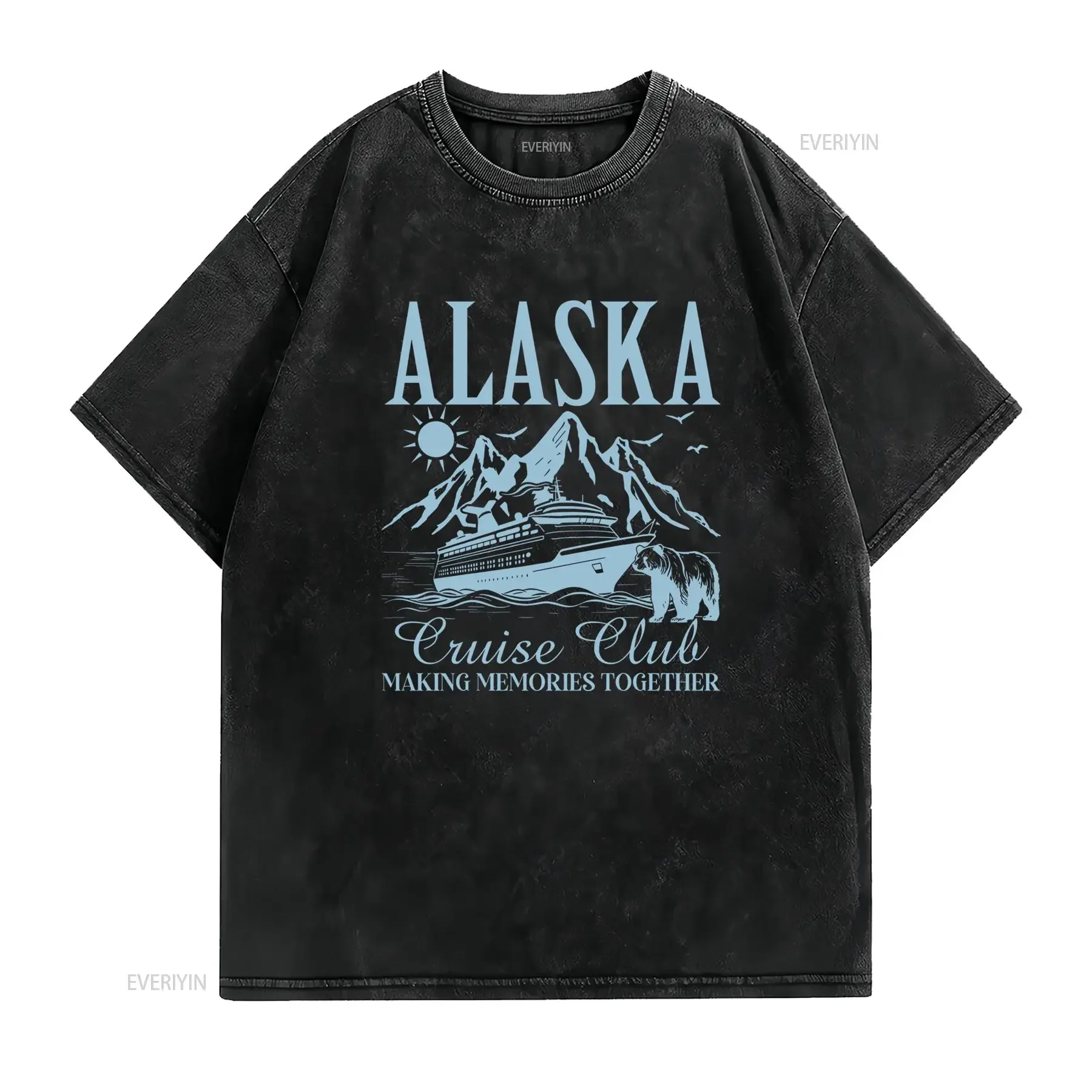 Vintage Alaska Cruise Club Mountain Sea Print Casual T Shirt vintage Washed Stretched Comfortable Unisex Versatile streetwear