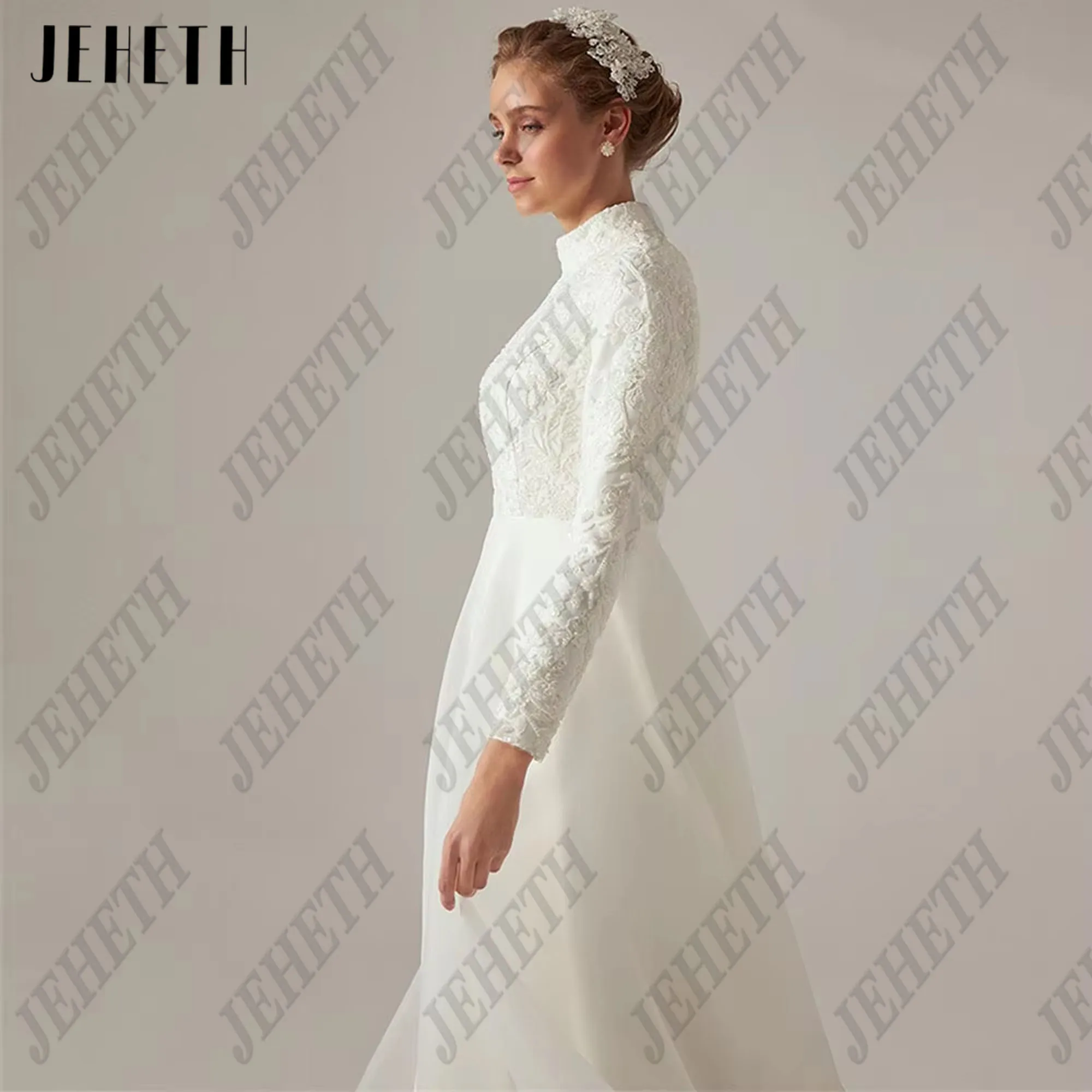JEHETH Muslim Exquisite High Neck A-Line Decal Satin Plus Size New 2025 Wedding Dress Fully Pleated Anke Length Customized