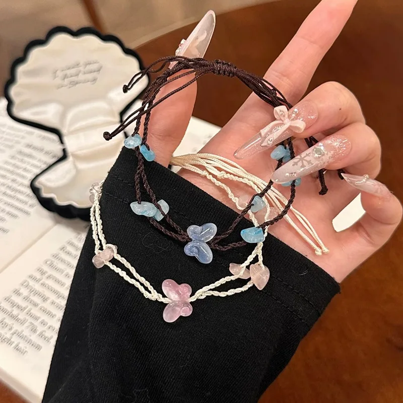 Fresh Transparent Butterfly Handmade Double Rope Bracelets For Women Trendy Adjustable Wrist Accessory Jewelry Gift Party Casual
