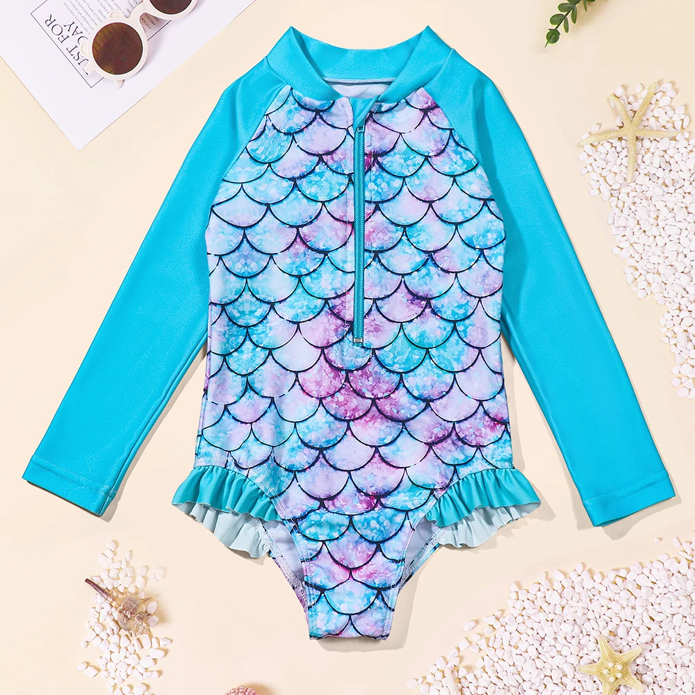 Kids Baby Girl Swimsuits Fish Scale Print Ruffles Long Sleeve Jumpsuit Swimwear Beachwear Children Bathing Suits