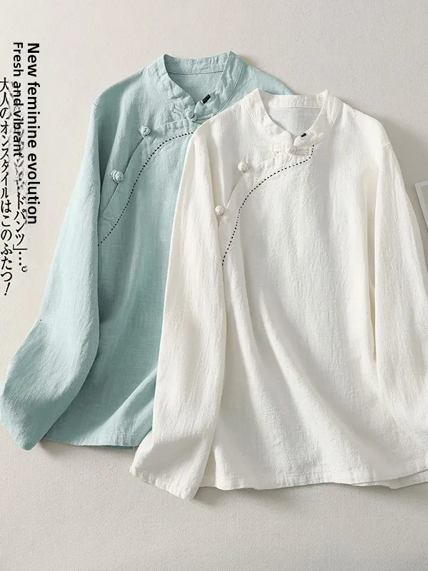 

High-End Retro Stand Collar Chinese Style Tea Shirt Women's Fashionable Long Sleeve Button up Shirt Artistic Loose Fit Winter