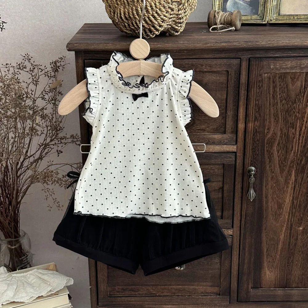 2026 Summer New Baby Girl Sleeveless Lace Collar Tops Girls Cute Sweet Polka Dot Shirts Cotton Infant Blouse Toddler Clothes