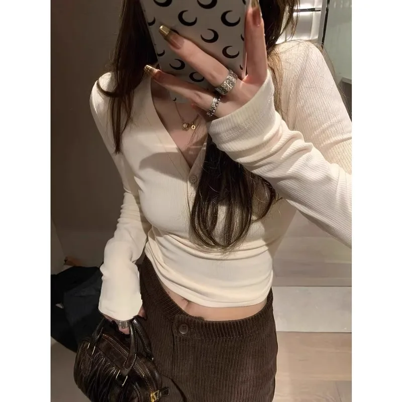 V-neck Long Sleeve T-shirt Women's Autumn Winter Appearance Inner Button Half Open Collar Card Waist Bottom Shirt