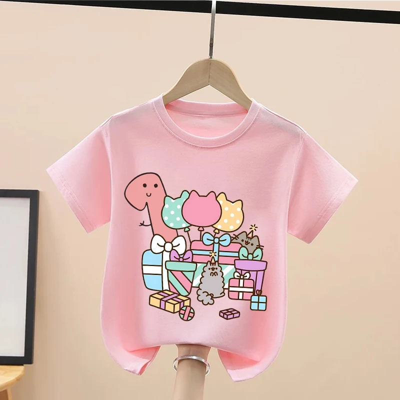 Pusheens Girls Birthday T-shirt New Kawaii Cat Cotton Tees Children Summer Clothes Kids Fashion Tops Short Sleeve Gift Hot Sales