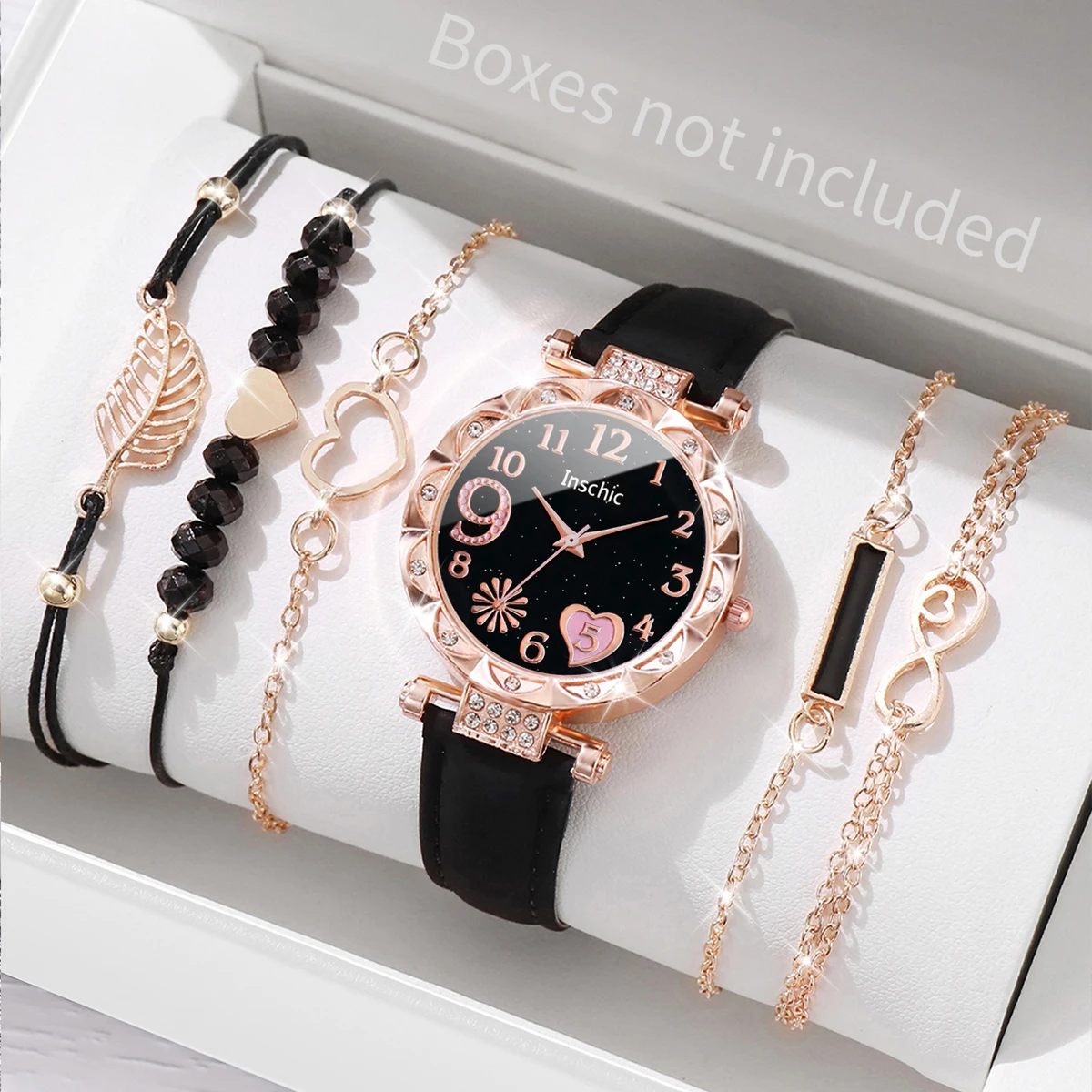 6PCS/Set Fashion Heart Dial Women\'s Watch Casual Leather Band Analog Quartz Watch Leaf Bracelets Set（Without Box）