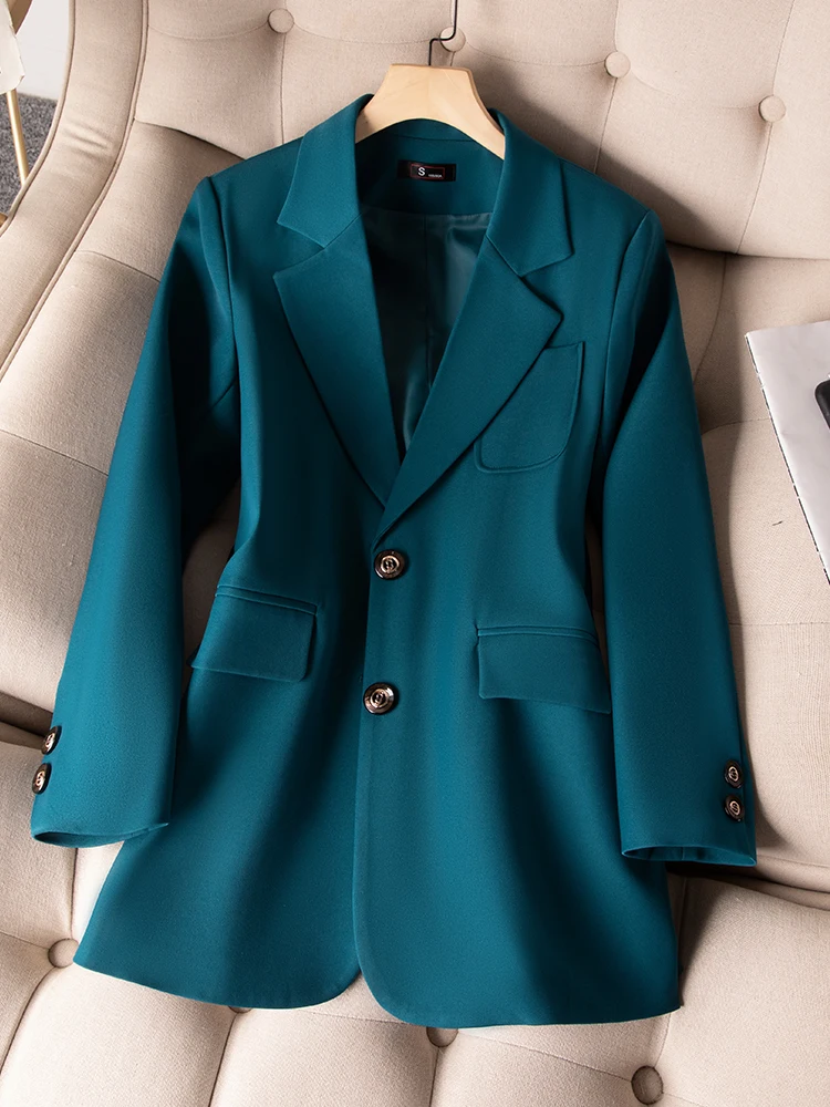 Blue Black Green Women Solid Formal Blazer Coat Female Long Sleeve Single Breasted Straight Jacket For Office Ladies Work Wear