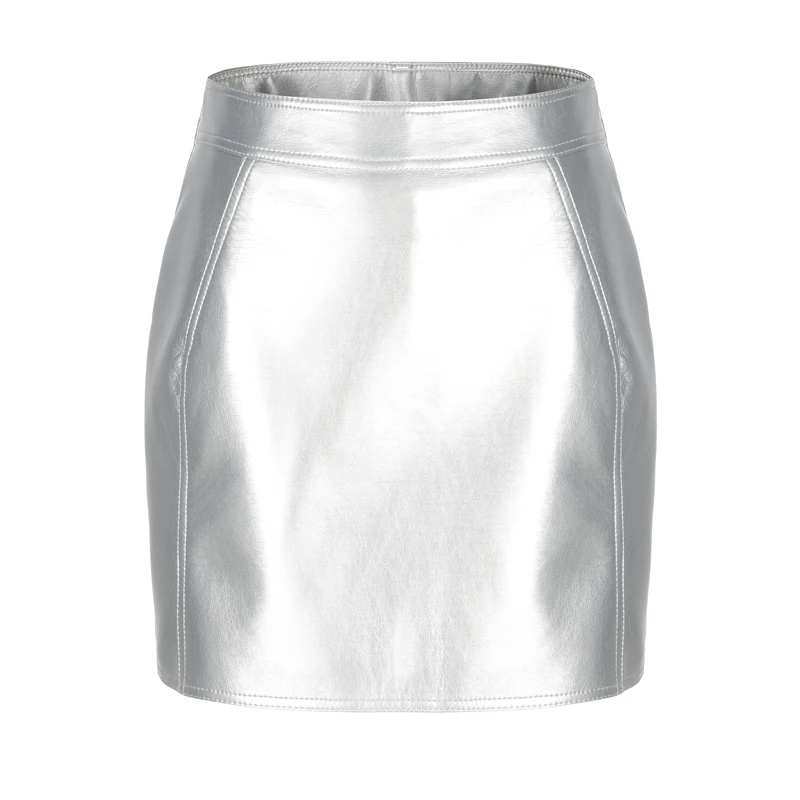 Metallic PU Leather Mini Skirt High Waist Slimming Hip Pack Zipper A-line Shine Short Leather Skirt Red Silver Golden