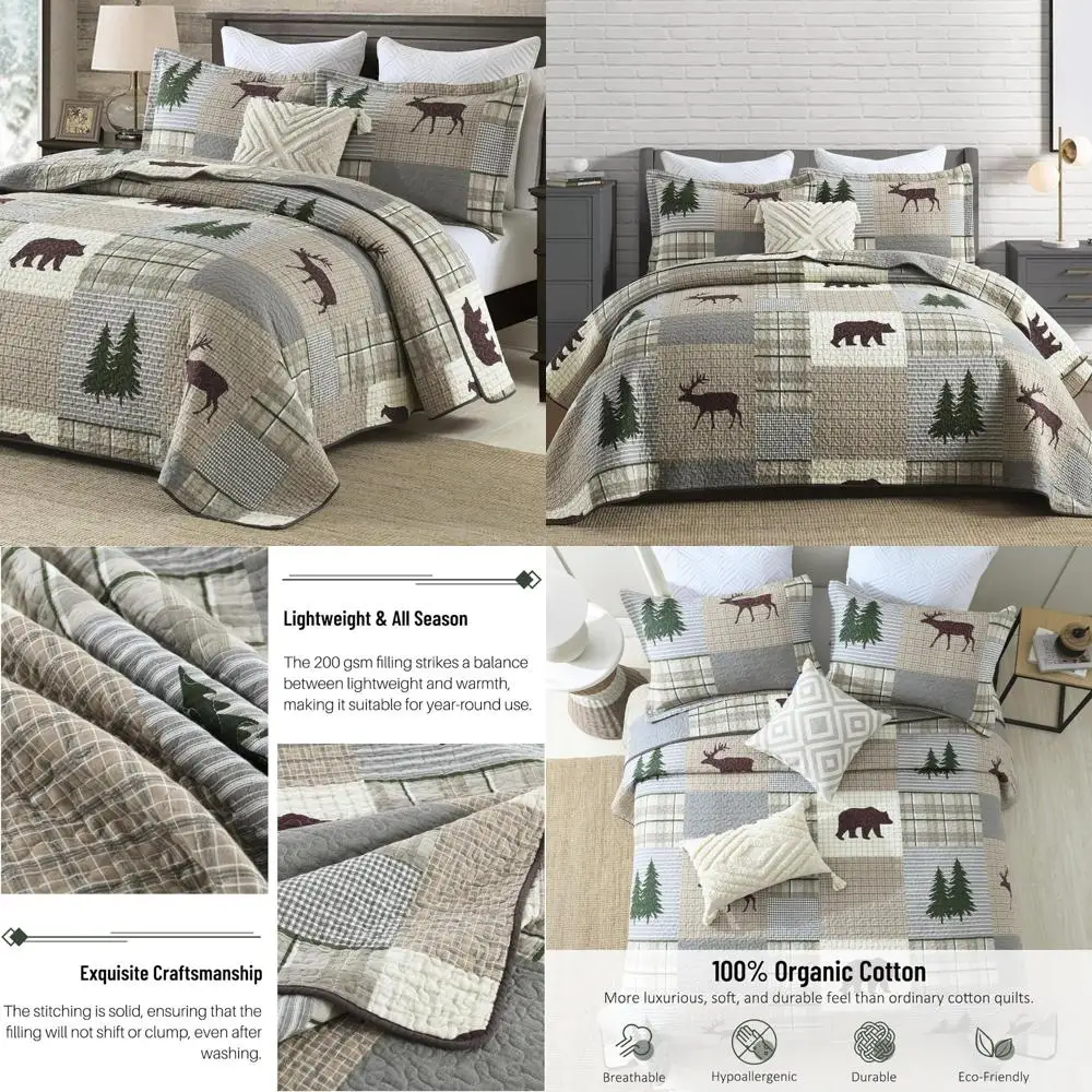 

King Size Cotton Farmhouse-Style Patchwork Plaid Quilt Set with Brown, Gray, Green, and Animal Patterns