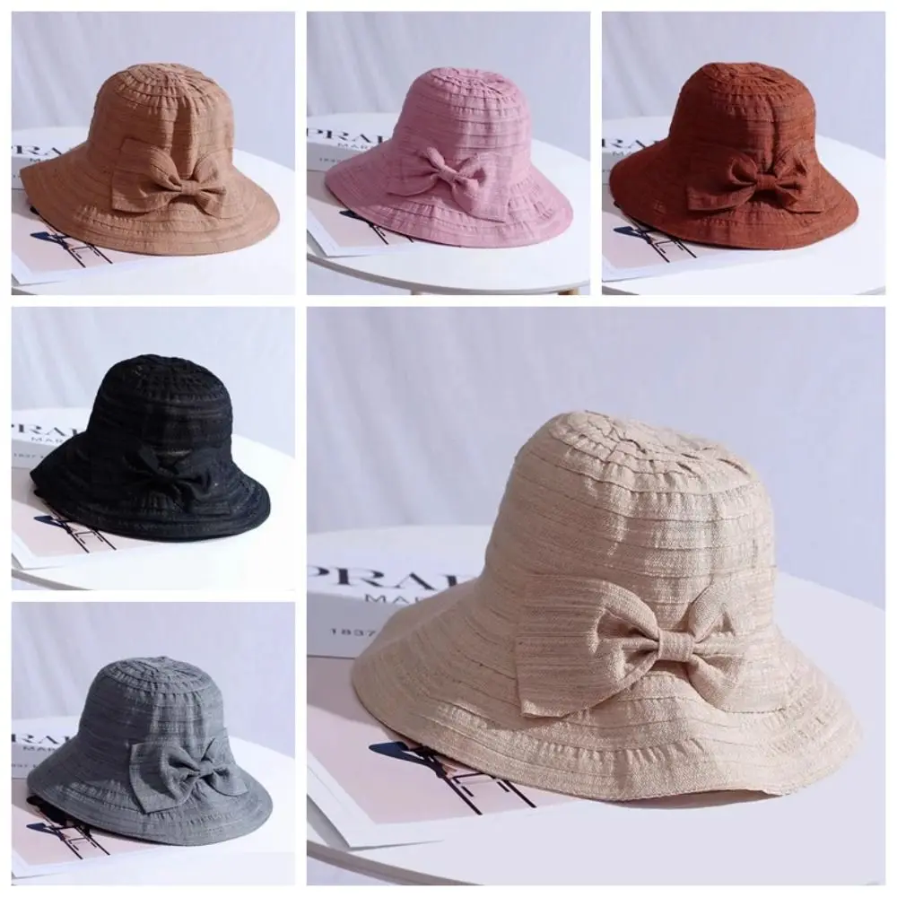 Seaside Beach Hat Cotton Sunshade Fisherman Cap Wide Brim Thin Women Bow Sun Hat Breathable Foldable Sun Protection Hat Lady