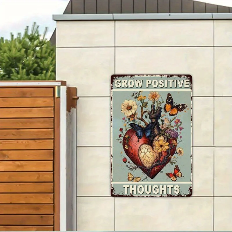 Heart Inspiration Quotes Metal Sign, Grow Positive Thoughts Motivational Poster Sign for Home Classroom Home Office Bar Cafe