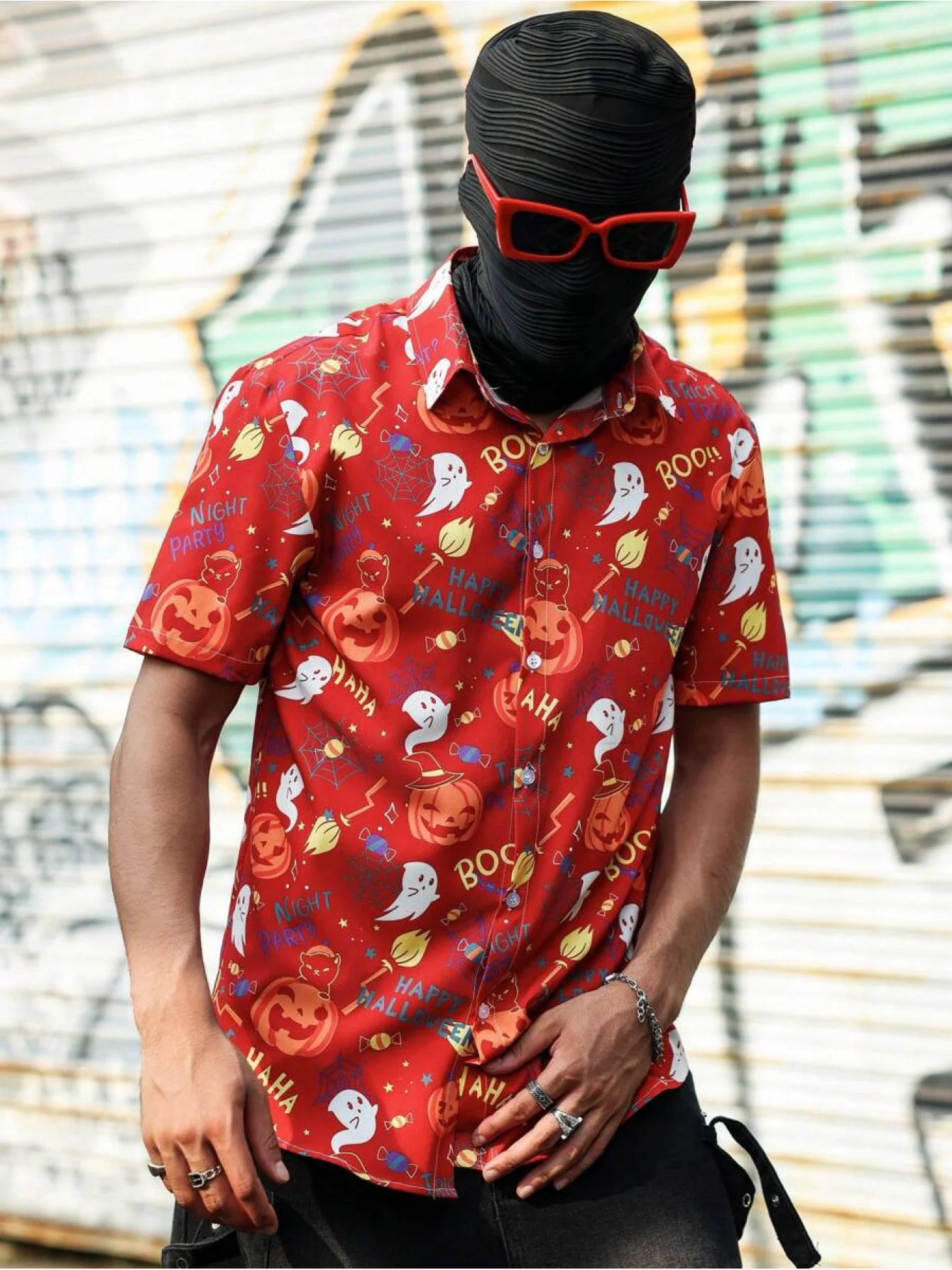 Men Red Halloween Ghost Pumpkin Boo Print Short Sleeve Shirt Lapel Collar Button‑Up Polyester Party Blouse
