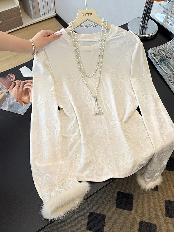 Elegant White Embroidered Long Sleeve T-Shirt New Chinese Style Women's Fashion Luxury Sensation Base Layer Mink Fur Top