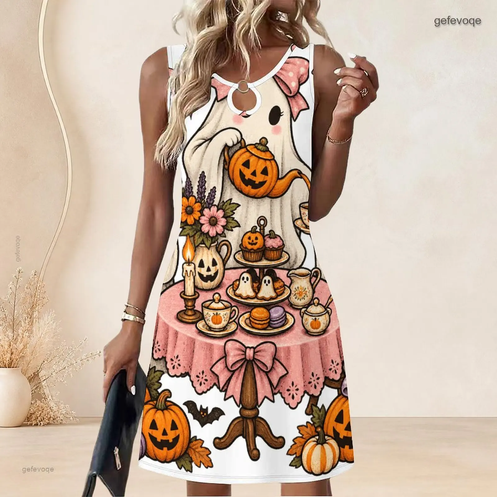 Women Sleeveless A Line Mini Dress O Ring Keyhole Neckline Loose Swing Short Dress Custom Print Ladies Casual Daily Dress