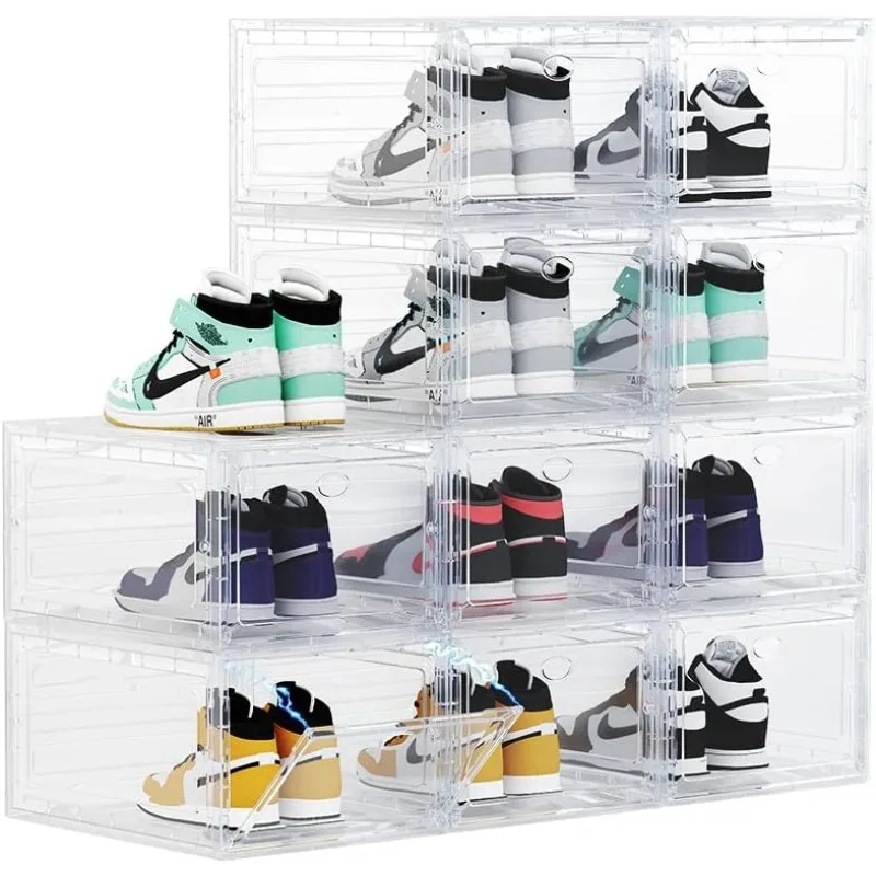 

Large Clear Plastic Shoe Boxes Stackable, 10 Pack Drop Front Shoe Storage Box 0rganizer, Sneaker Storage Shoe Containers