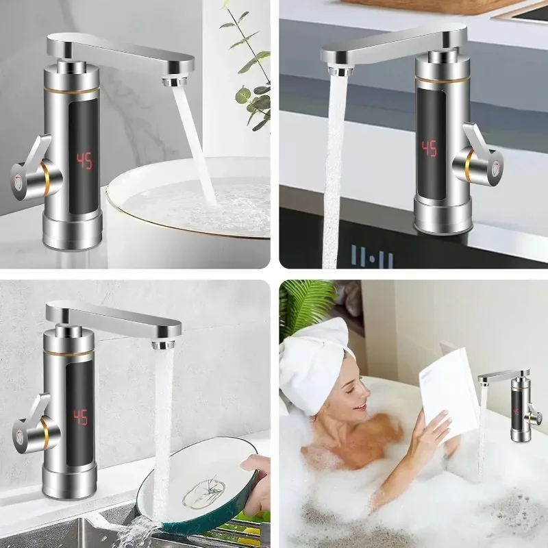 Electric Instant Heater Faucet Tankless Hot Water Heater Tap Electric Hot Water Tap LCD Temperature Display 360 °