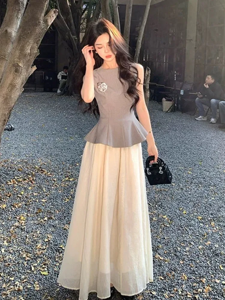 

High Quality French 2 Piece Sets Woman Fashion Sweet Summer Outfit Elegant OL Top + Long Skirt Two Piece Set Conjuntos Cortos