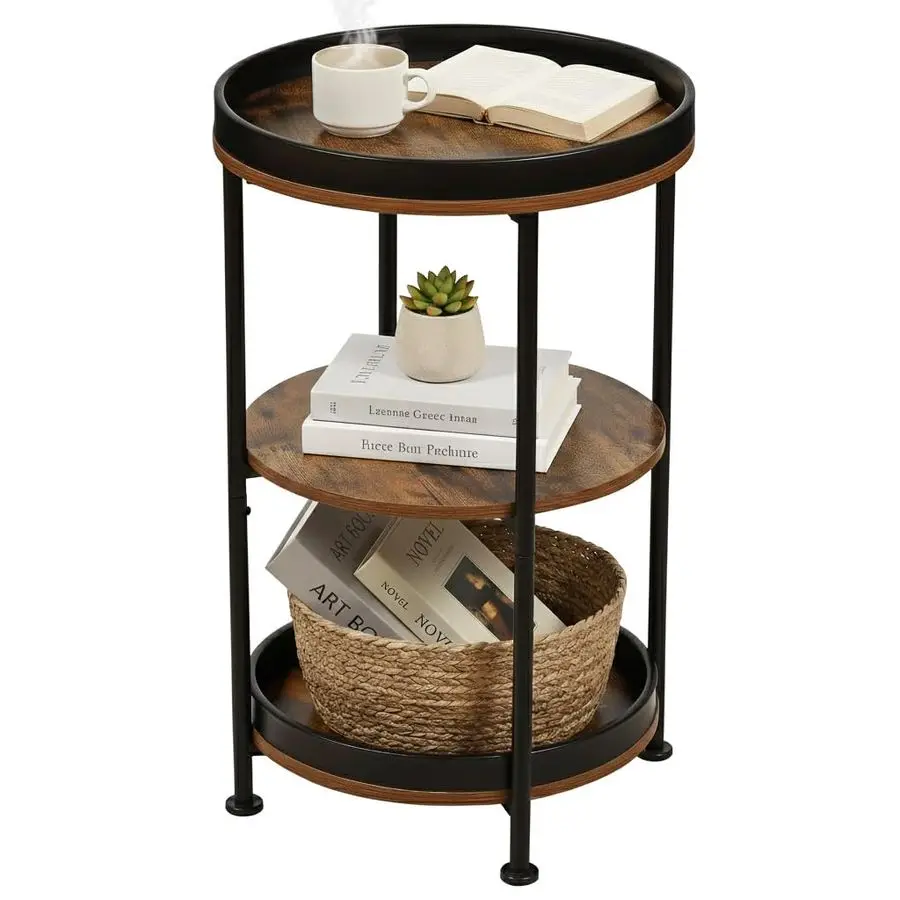 

Side Table, Round End Table with 3 Storage Shelves for Living Room, Bedroom, Nightstand with Steel Frame for Small Spaces, Indu