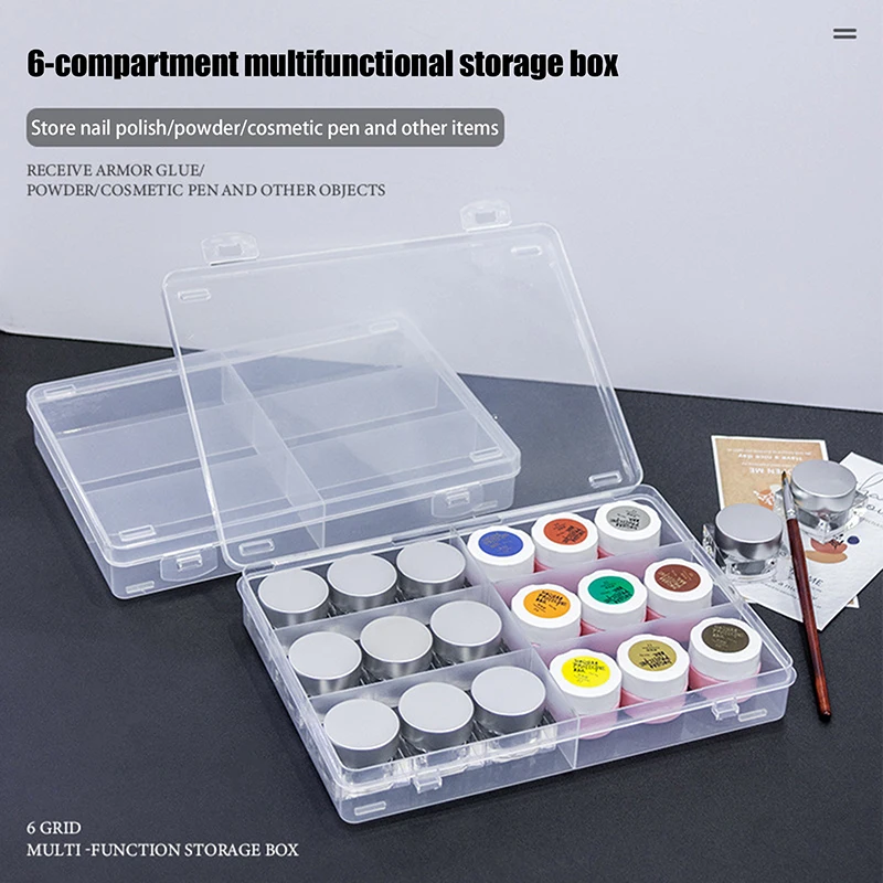 6 Grid Nail Polish Adhesive Glue Storage Box Clear Large Capacity Jewelry Beads Container Nail Salon Desktop Organiser