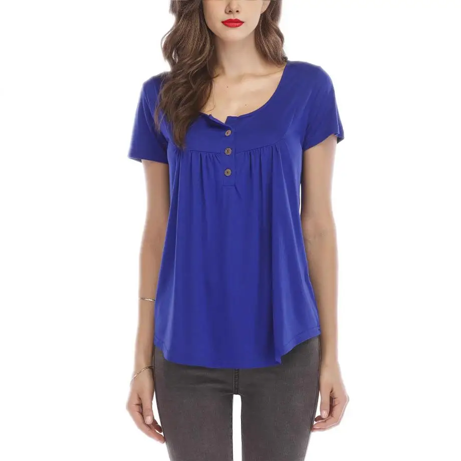 Women's T-irt with Pleated Buttons And ort Sves Loose Fit Polyester  Color Dstring Casual Top for Ladies