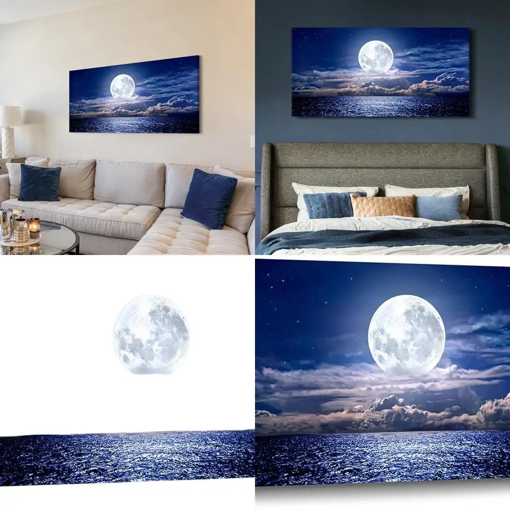 

Ocean Moon Night Sky Морской пейзаж Холст Искусство: Лунный пейзаж Фотография для декора гостиной и спальни