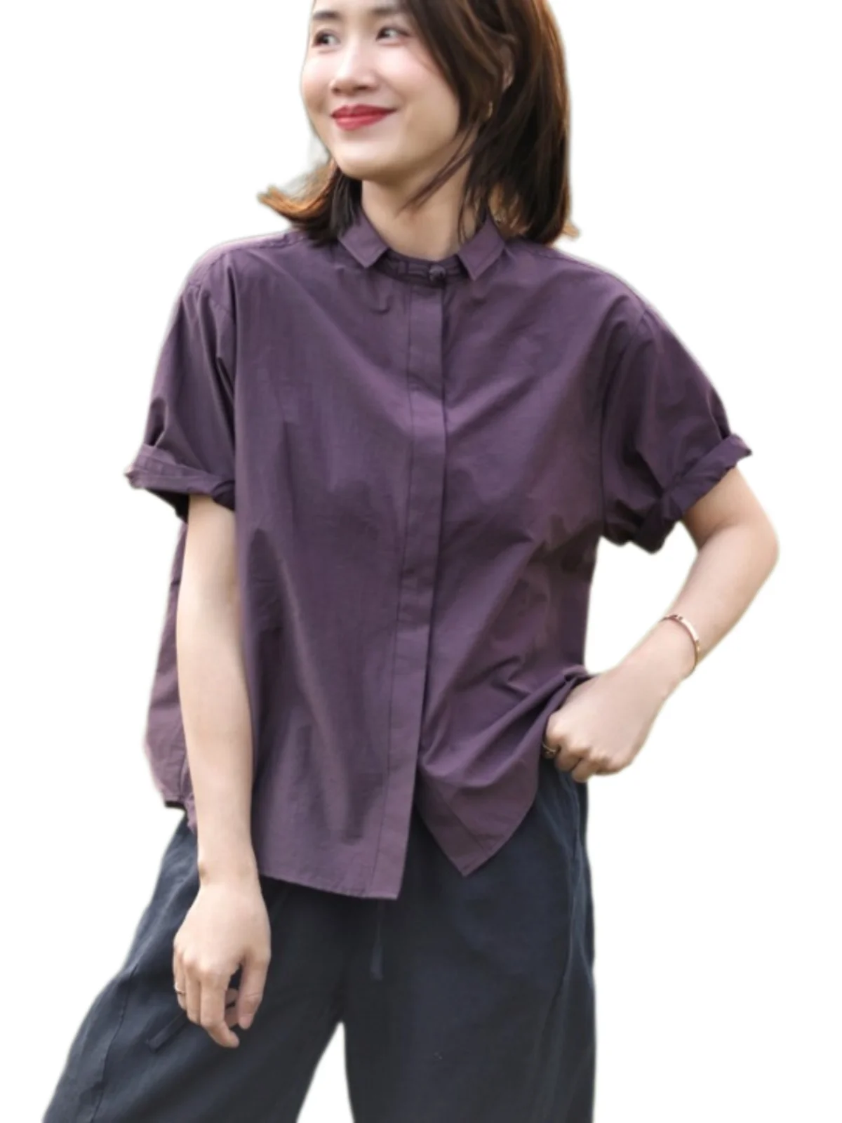 جديد الصينية Sle ort Sve irt المرأة الصيف تخفيف فضفاض عادية زر واحد صغير irt الياقة العلوية لون نقي #5