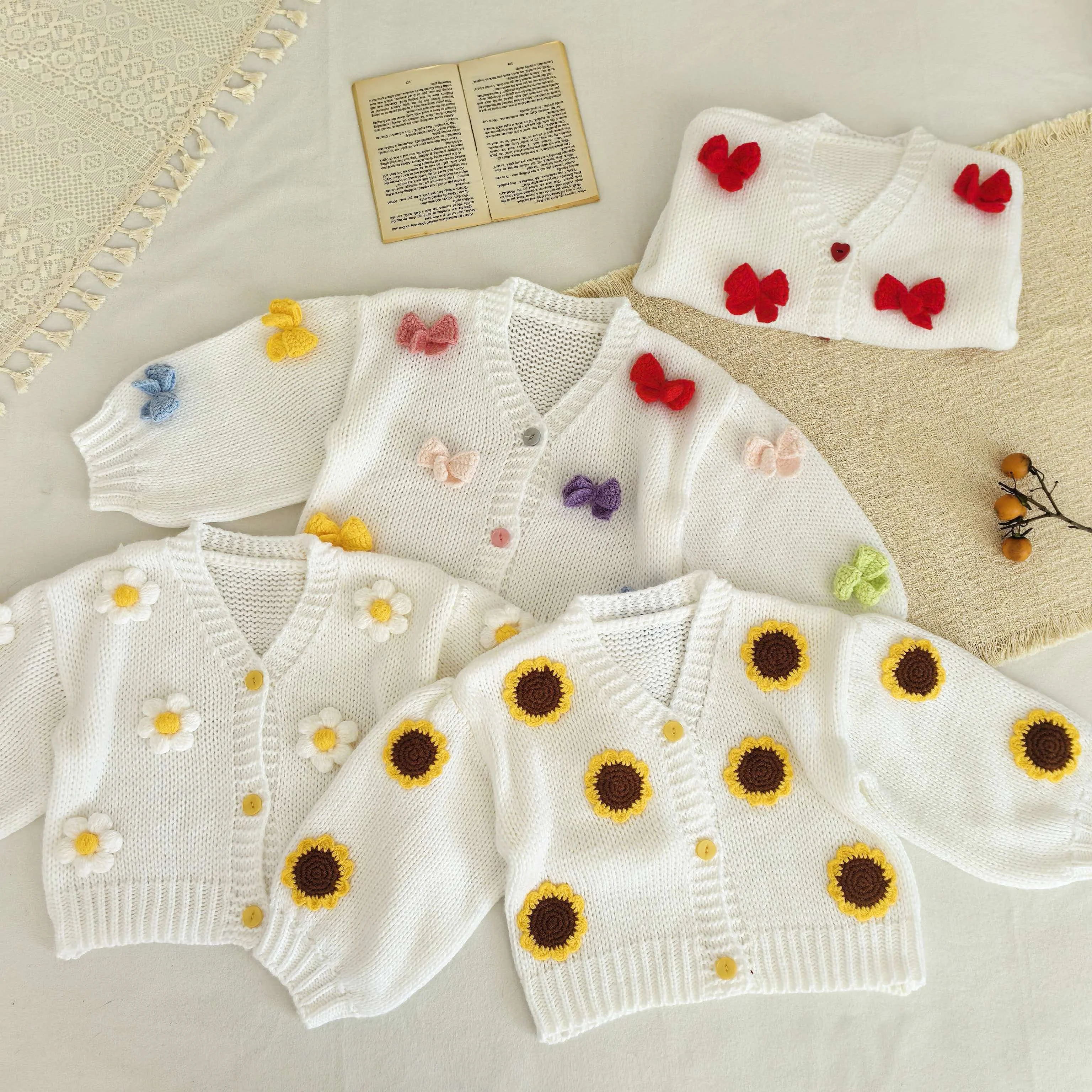 Toddler Girls Knit Cardigan, 3D Hand Crochet Flower & Bow, Autumn Winter Kids V Neck Knitted Sweater Outerwear