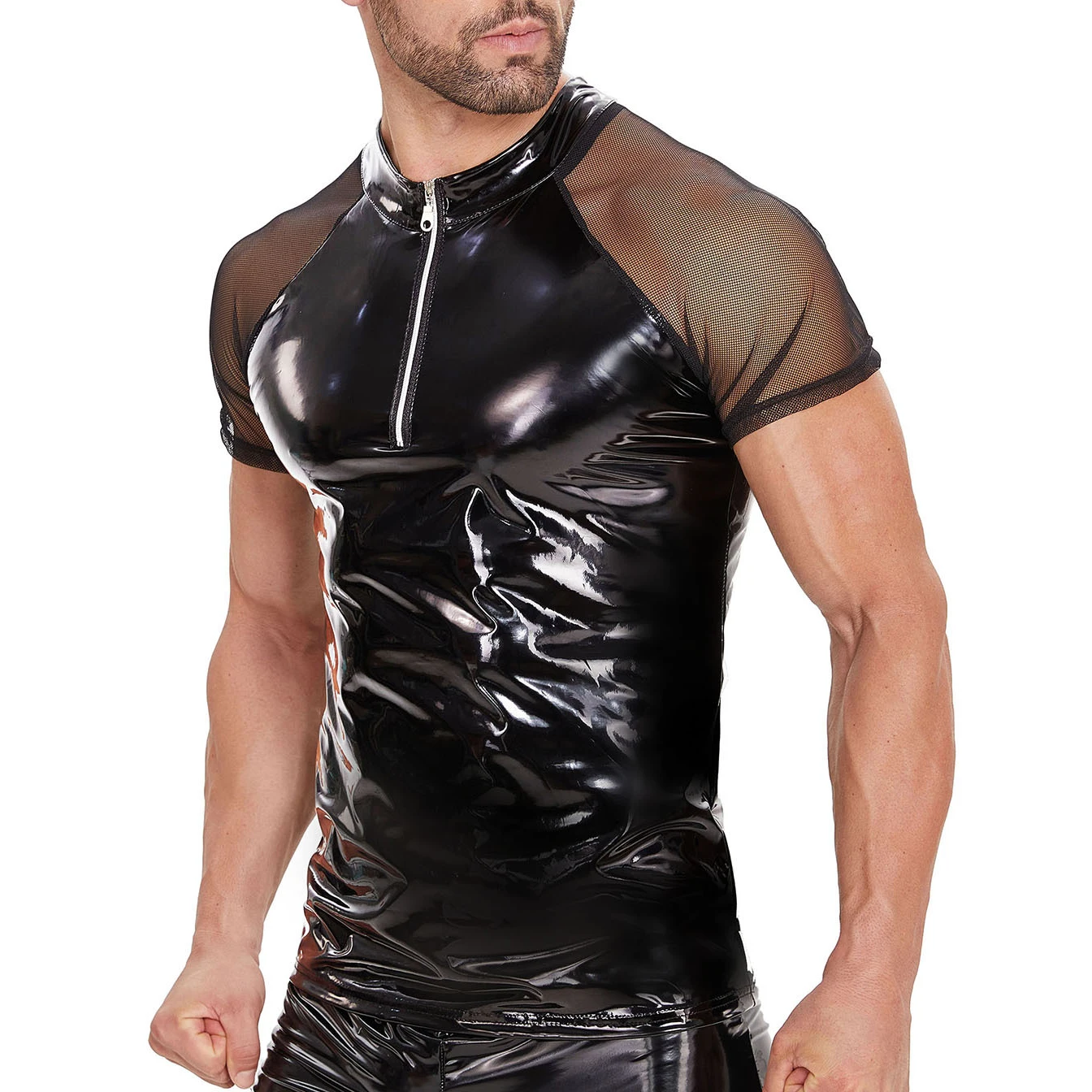 Men Black Wet Look Mesh PVC Leather Shirt Tops Short Sleeve Half Front Zipper T-Shirts Male Clubwear Latex Dance Stage Costumes