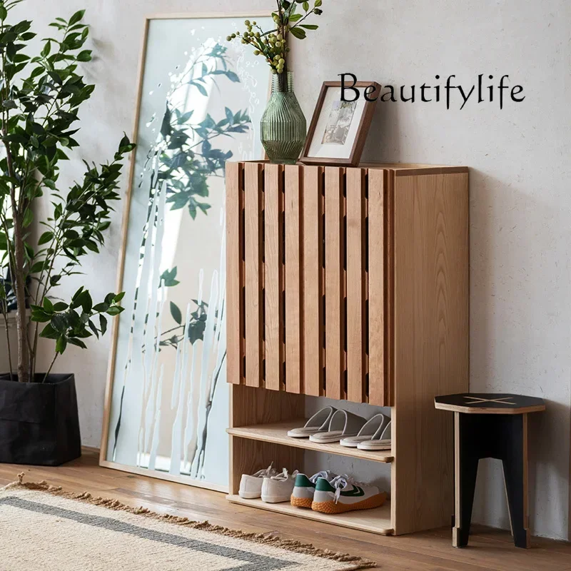 T10 Grille Shoe Cabinet Entrance Foyer Cabinet Solid Wood Furniture Breathable Design Japanese Nordic Wabi-sandy Wind Simple