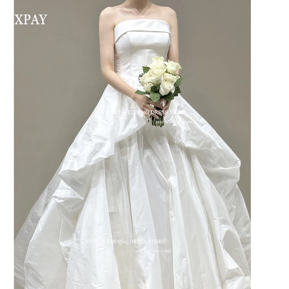 

XPAY Simple Strapless Silk Satin A Line Wedding Dresses Korea Women Tiered Sweep Train Princess Bridal Gowns Custom Made 2023