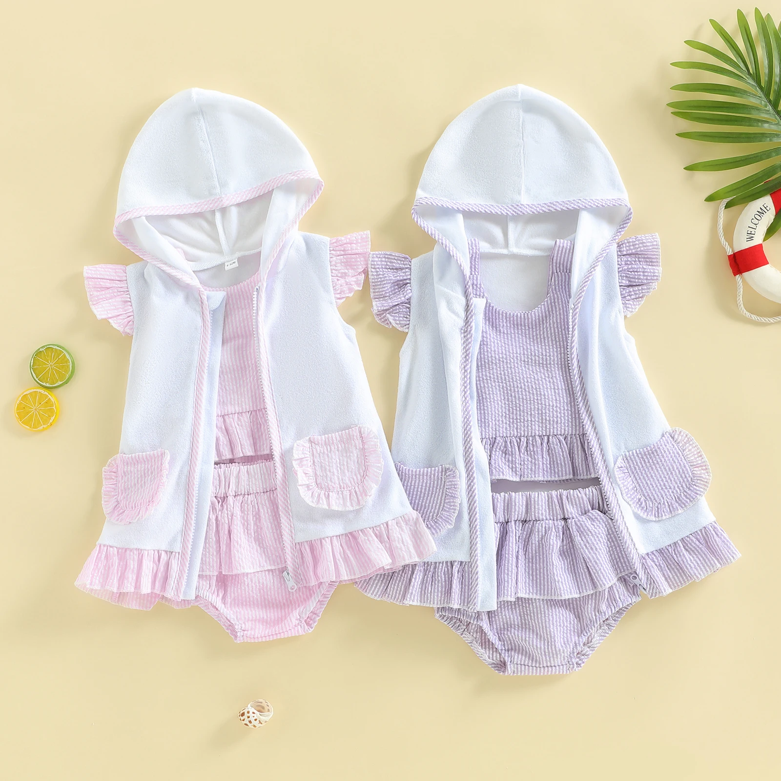 Lovely Toddler Baby Girls Three Piece Swimsuit Sleeveless Halter Top Bikini Bottom Cover-up Set Bathing Suits