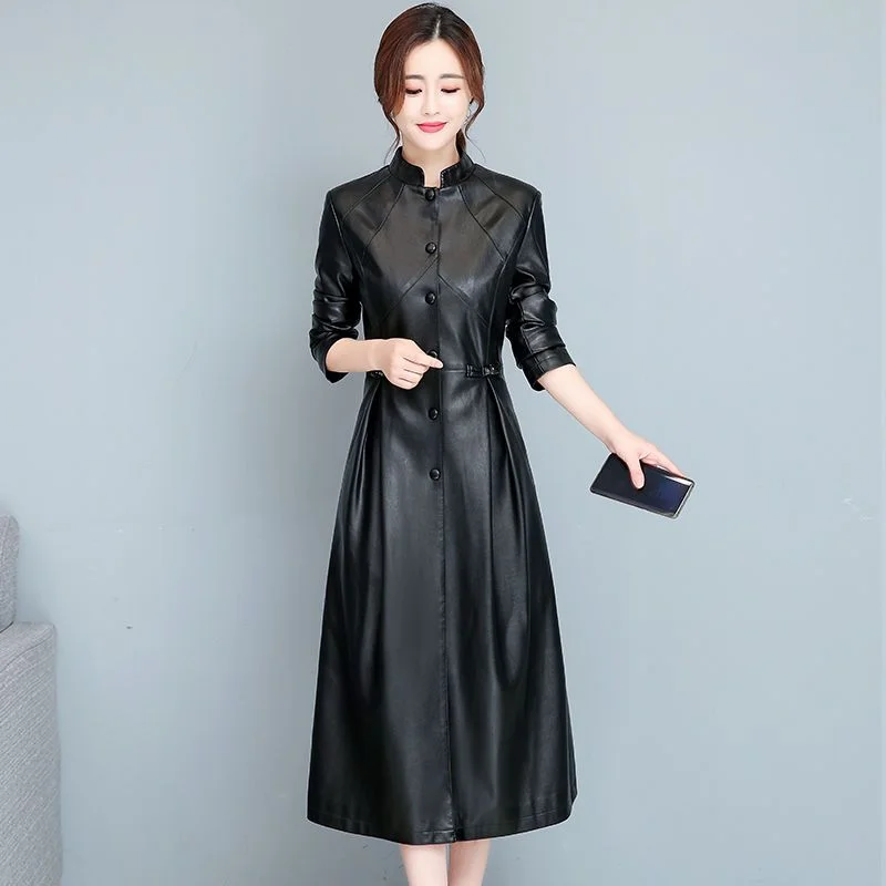 2023 Spring and Autumn New Genuine Leather Clothes Women Mid-Length Slim Stand Collar Trench Coat Fashion Temperament Coat