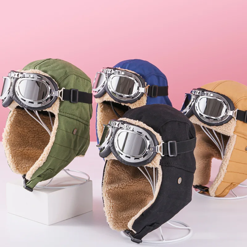 Winter Bomber Hat With Goggles Men Women Outdoor Motorcycle Windproof Warm Faux Fur Pilot Earflap Hat Fashion Thermal Ushanka