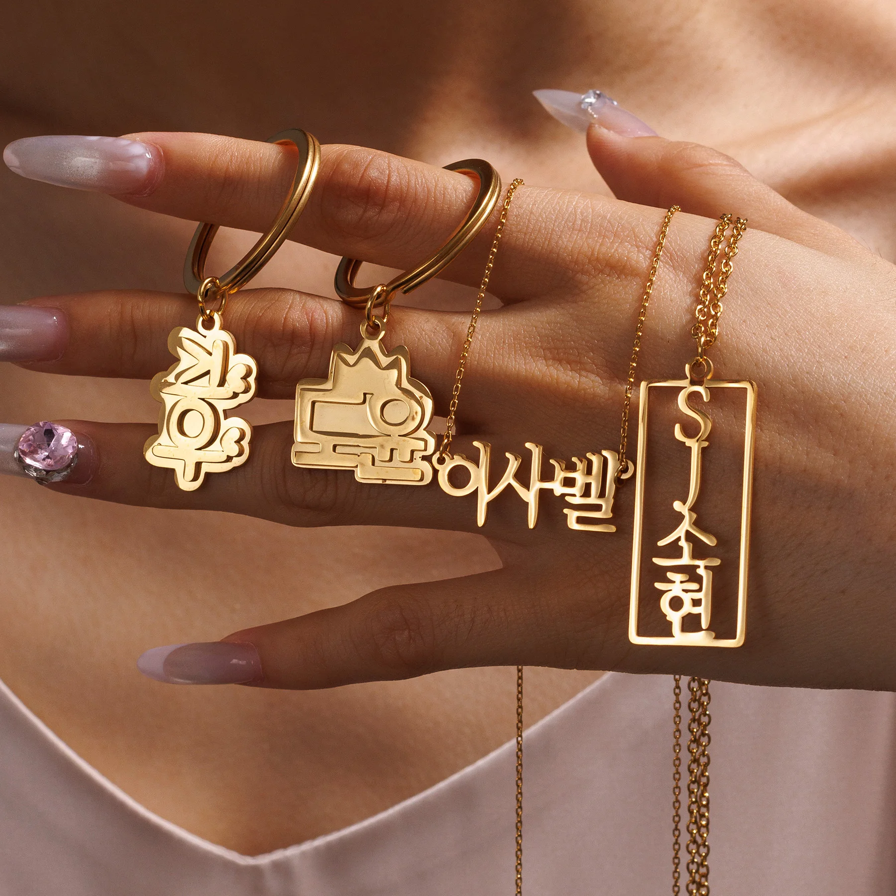 

Customized Korean Name Necklace Keychain for Women Men Stainless Steel Personalized Any Language Necklace Keyring Christmas Gift
