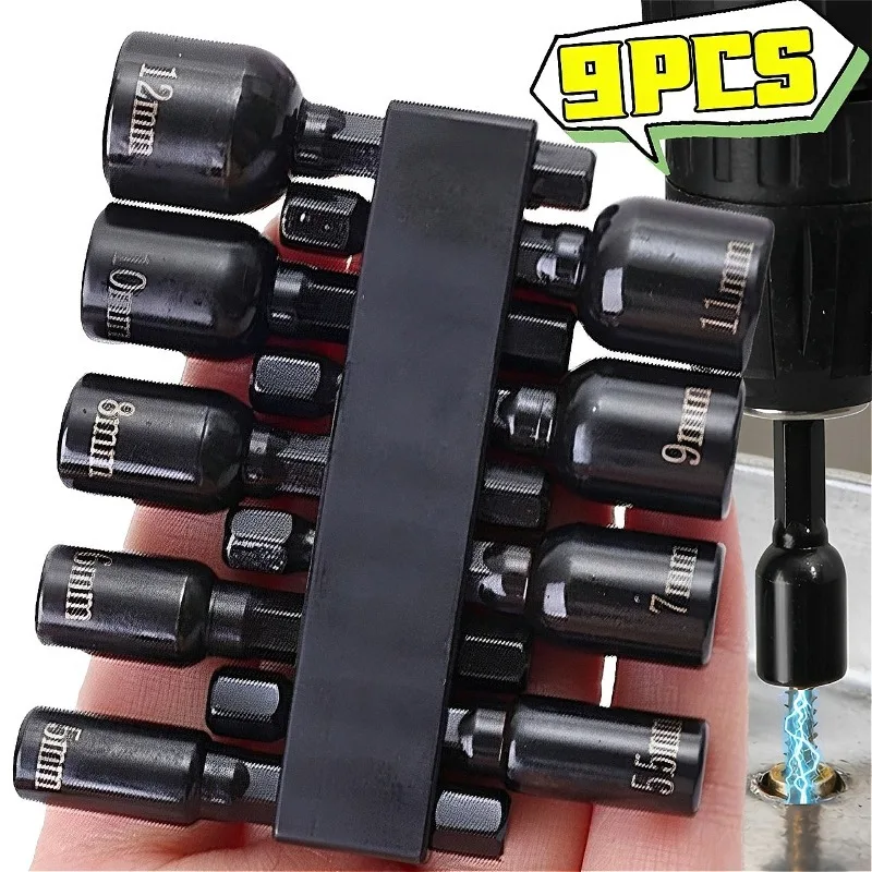 

Набор из 9 магнитных шестигранных насадок для дрели 5-12 мм, мощный адаптер для отвертки, насадка для гаечного ключа, универсальный ударный бит для болтов