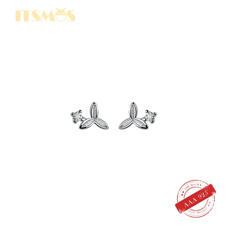 ITSMOS s925 Silver ear-caring three-leaf flower stud earrings summer little fresh student Lady Diamond Earrings