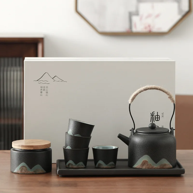 Japanese-style coarse pottery hand-painted distant mountain beam pot tea set large teapot one pot four cups dry brewing tea set