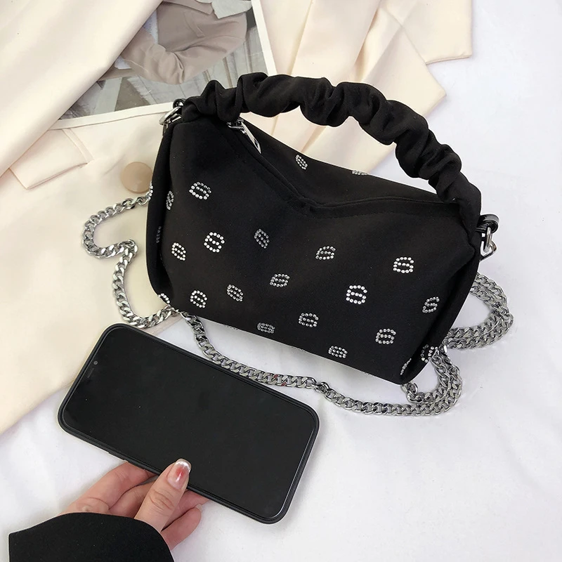 New Rhinestone Pleated Handbag Shoulder Bag Women 2024 Chain Strap Versatile Commuter Underarm Bag Handbag Small Square Bag Girl