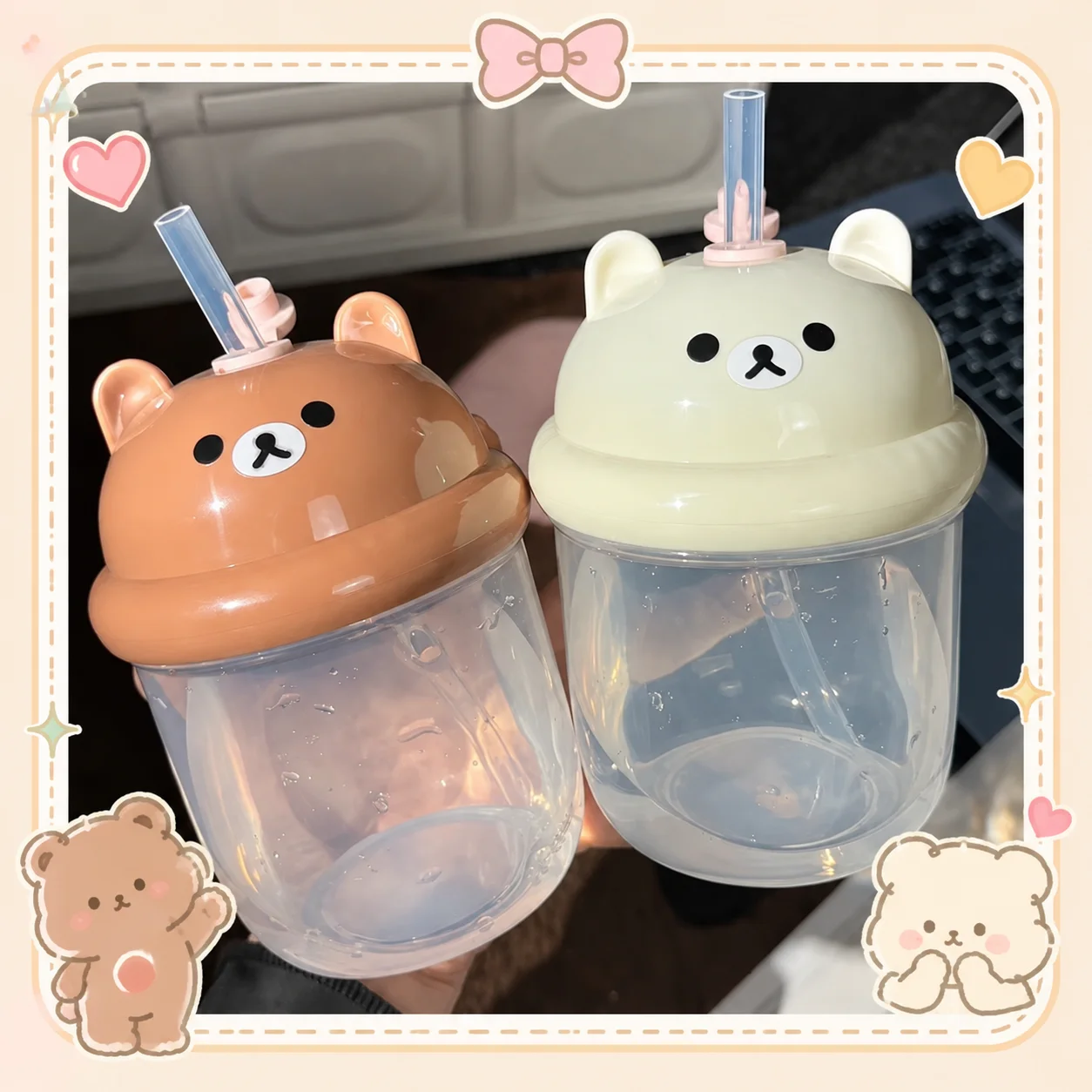 Rilakkuma Trinkbecher mit Strohhalm, tragbarer Mini-Glasbecher für Kaffee, Milch, Tee, Kawaii-Cartoon-Trinkbecher für Büro, Zuhause, Reisen
