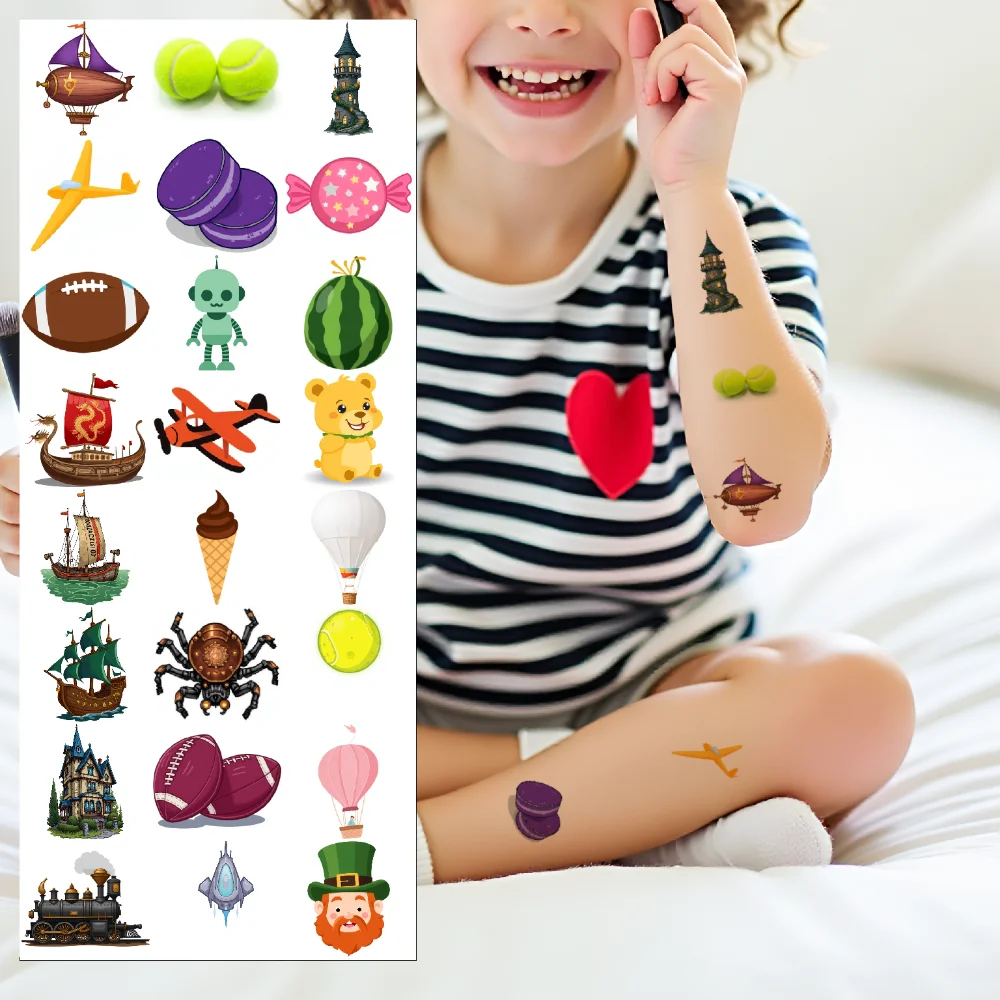 

54pcs Temporary Tattoo Hot Air Balloon Waterproof Long-lasting Body Stickers Baseball Pirate Ship Cartoon Teddy Bear For